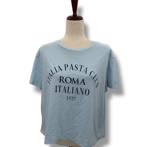 NEW Grayson Threads Light Blue Italy Pasta Club Graphic Tee Boxy Crop Shirt NWT - Picture 1 of 7
